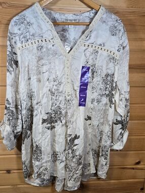 Vintage America Tunic Top Womens XXL Cream Gray Floral Crochet Trim Boho NWT
